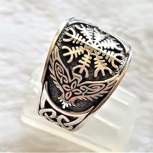 Helm of Awe Ring 925 Sterling Silver Aegishjalmur Runic Compass Runes Pagan Symbol of Guidance Protection Celtic Knot Norse Viking