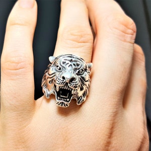 925 Sterling Silver TIGER RING Big Cat UNISEX Biker Rocker Exclusive Design Handmade Talisman Totem Animal