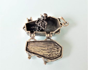 Skelett im Sarg Anhänger STERLING SILBER 925 Locket Beweglich Skeleton Rock Punk Goth Exclusive Design Geschenk
