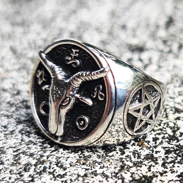 Baphomet Ring 925 Sterling Silver Pentagram Occult Gothic Medieval Talisman Pagan Sacred Symbol of Creation Existence Gnostic Idol