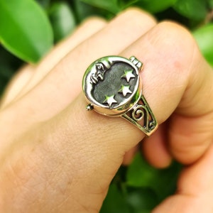 Crescent Moon Locket Ring 925 STERLING SILVER Moon and Stars Celestial Night Sky Sacred Symbols Talisman Occult Secret Compartment