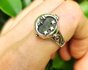 Crescent Moon Locket Ring 925 STERLING SILVER Moon and Stars Celestial Night Sky Sacred Symbols Talisman Occult Secret Compartment