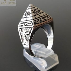 Pyramid Ring 925 STERLING SILVER Pharaoh Egyptian Pyramid All Seeing Eye Sacred Signs Scarab Ancient Talisman Amulet Handmade