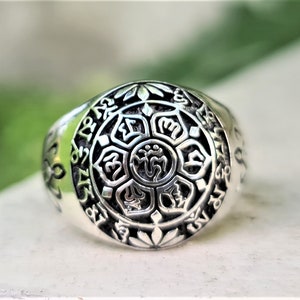 Om Ring 925 STERLING SILVER AUM Sanskrit Mantra Buddhist Sacred Symbols Nepali Ethnic Tibetan Harmony Lotus Flower