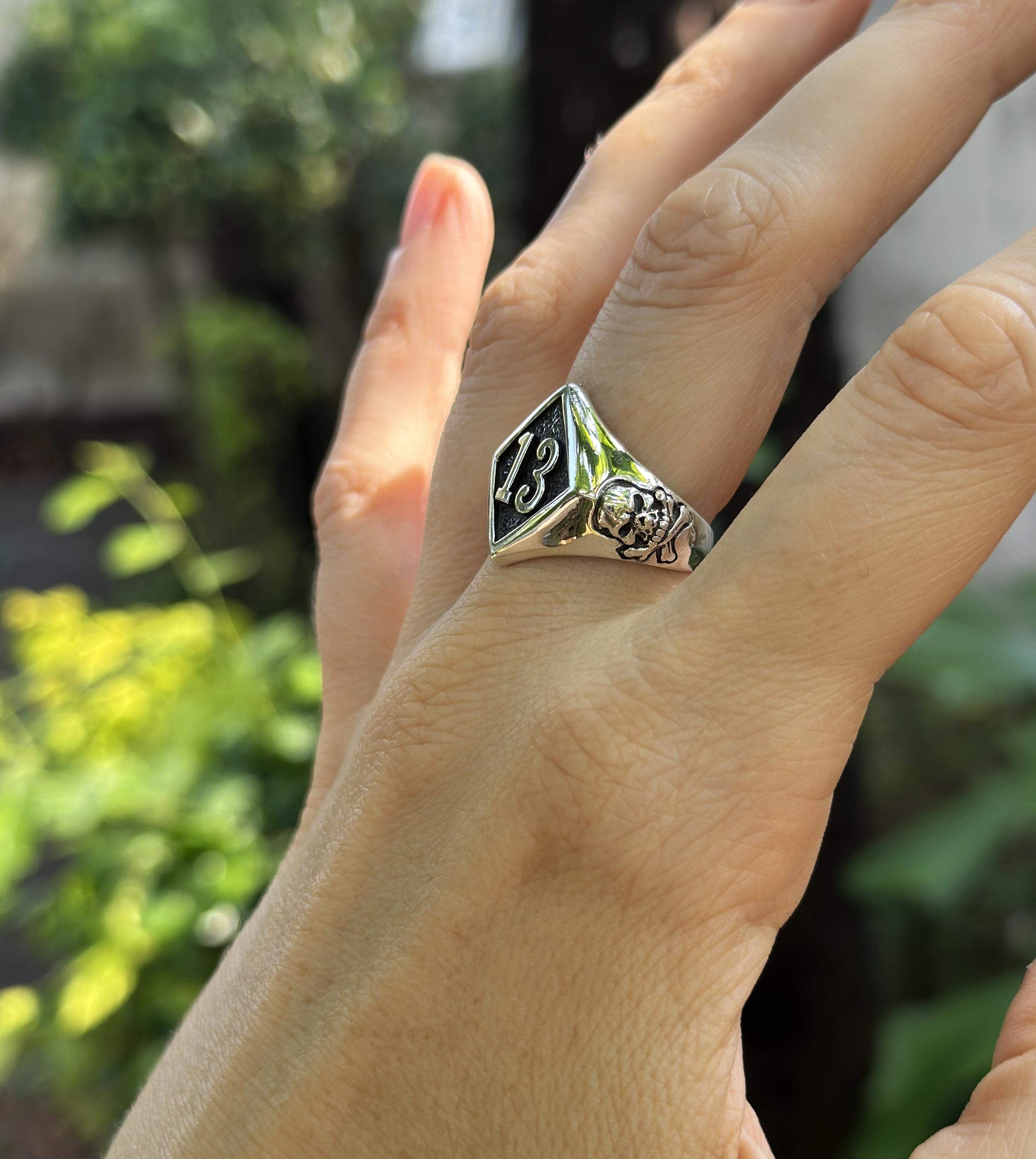 Lucky Number 13 Ring 925 STERLING SILVER Skull and Bones Winner