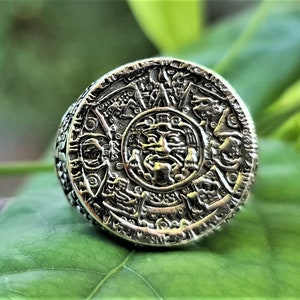 Anillo Calendario Maya PLATA DE LEY 925 Sólida Calendario Solar Calendario Azteca Símbolo Sagrado Talismán Mexicano Anillo de plata unisex