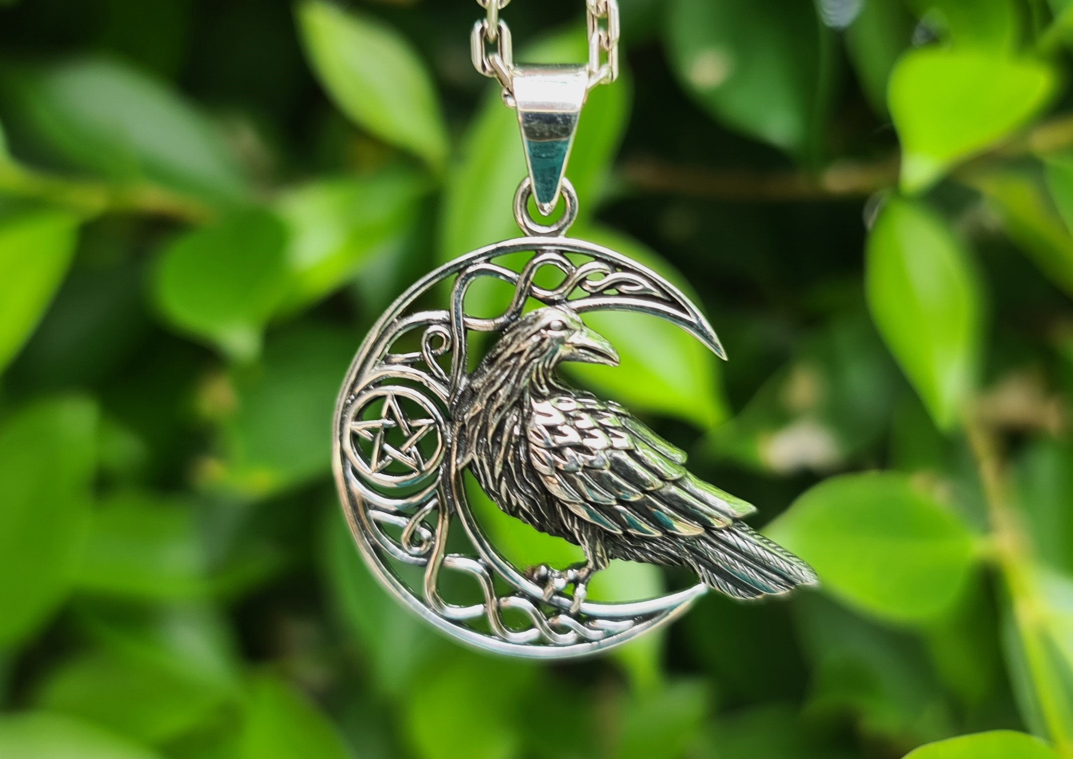 Crescent Moon Raven Pentagram Pendant STERLING SILVER 925 Celtic Viking ...