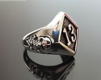 Lucky Number 13 Ring 925 STERLING SILVER Skull and Bones