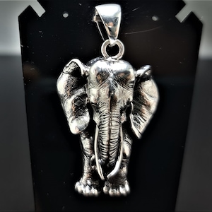May include: A silver elephant pendant with a detailed, textured design. The pendant is hanging from a silver chain.