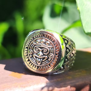 Mayan Kalender Ring STERLING SILBER 925 Sonnenkalender Aztekenkalender Heiliges Symbol Talisman Mexikanische Unisex silber Ring