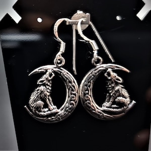 Howling Wolf on New Moon Earrings 925 Sterling Silver Crescent Moon Celestial Talisman Protective Amulet Totem Animal
