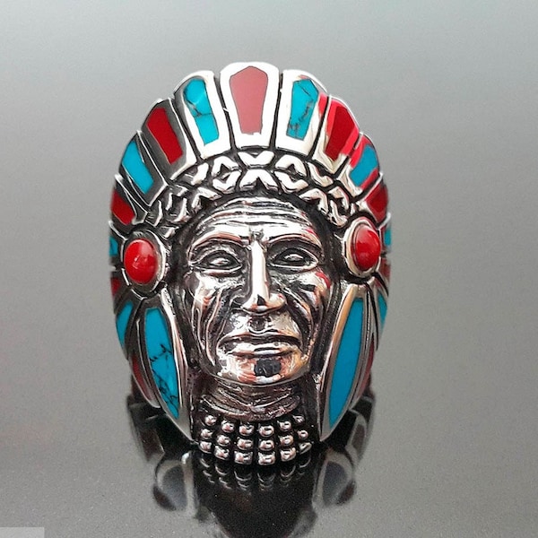 American Indian Ring Sterling Silver 925 Tribal Chief Warrior Turquoise Coral Native American Spirit Amulet Talisman