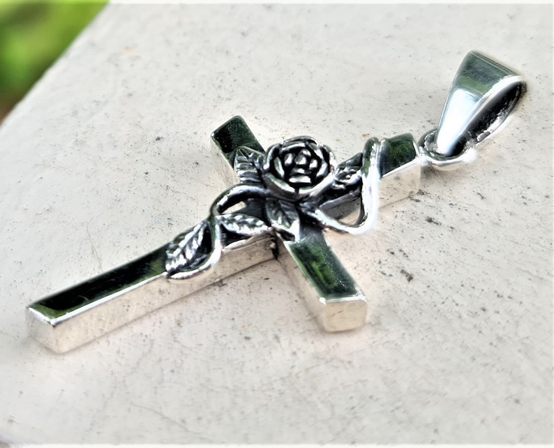 Rose Cross Pendant 925 STERLING SILVER Rosicrucian Floral Cross Sacred ...