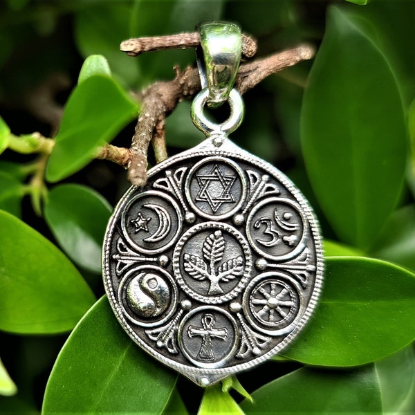 Pendentif symboles sacrés de l'unité en argent sterling 925 COEXISTANT Croissant de lune Yin Yang Étoile de David Bouddhiste Roue de la vie Ohm Aum Croix chrétienne