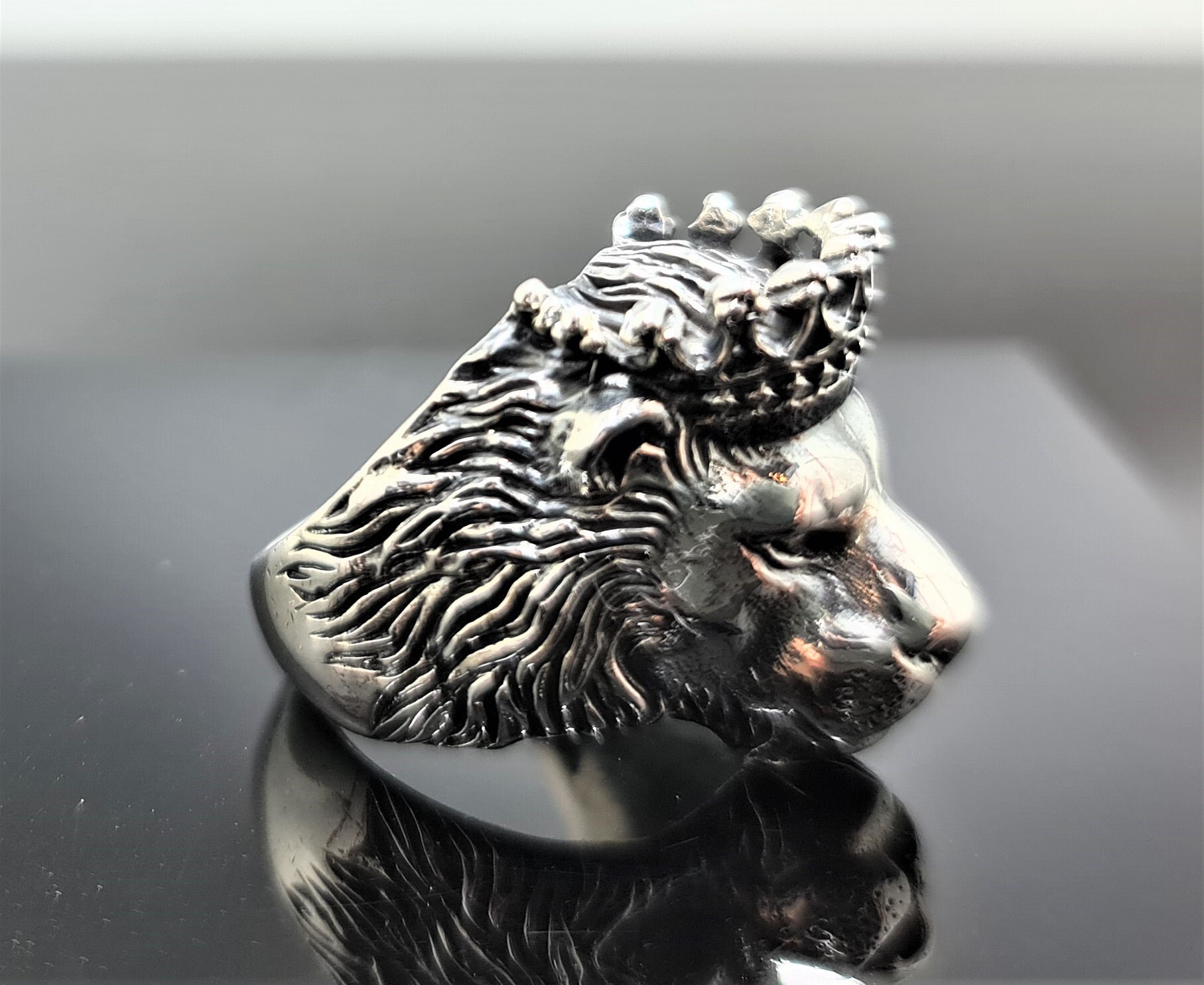 Lion Ring 925 STERLING SILVER Crowned LION Head Crown Royal Power