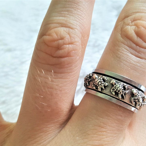 Turtle Spinner Ring 925 Sterling Silver Sea Ocean Tortoise Unisex Spinner Band Harmony Anti Stress Fidget Meditation Kinetic