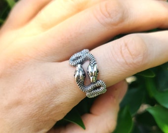 Double Snake Ring 925 Sterling Silver Black Onyx Eyes Exclusive Unique Design