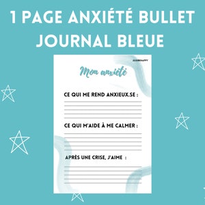 Può includere: Una pagina di diario bullet per l'ansia stampabile con uno sfondo acquerellato blu. La pagina è divisa in tre sezioni: "Cosa mi rende ansioso", "Cosa mi aiuta a calmarmi" e "Dopo una crisi, mi piace".