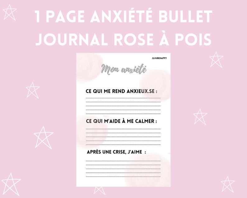 1 page anxiety bullet journal planner / printable, pink diary anxiety tracker / mental health planner, anxiety coping image 1