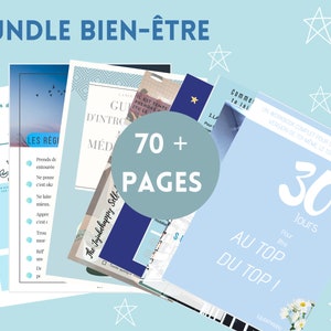 Può includere: Un pacchetto di risorse per il benessere stampabili con uno schema di colori blu e bianco. Il pacchetto include una guida alla meditazione, un quaderno di lavoro di 30 giorni e un diario di auto-cura. Il testo sulla copertina recita "Bundle Bien-Être" e "70+ Pagine".