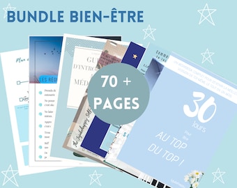 May include: A bundle of printable wellness resources featuring a blue and white color scheme. The bundle includes a guide to meditation, a 30-day workbook, and a self-care journal. The text on the cover reads "Bundle Bien-Être" and "70+ Pages".