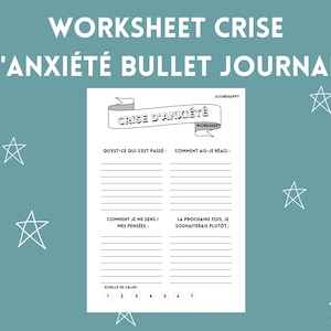 Może przedstawiać: Czarno-biała drukowalna karta pracy zatytułowana "CRISE D'ANXIÉTÉ WORKSHEET" z banerem, na którym widnieje napis "CRISE D'ANXIÉTÉ" po francusku. Karta pracy jest podzielona na dwie kolumny z nagłówkami "QU'EST-CE QUI S'EST PASSE" i "COMMENT AIS-JE REAGI". Lewa kolumna ma również nagłówek "COMMENT JE ME SENS/ MES PENSÉES". Na dole karty pracy znajduje się skala "CALME" z liczbami od 1 do 7.