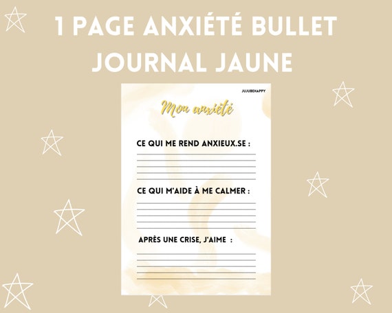 1 page anxiété bullet journal planner / imprimable, tracker d'anxiété journal jaune / planner santé mentale, anxiety coping