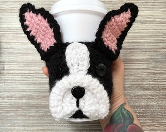 Boston Terrier Gifts for Dog Lovers, Crochet Cup Cozy, Reusable Coffee Sleeve, Birthday Gift for Mom, Dog Themed Christmas Gift