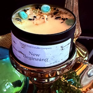 New Beginnings Candle | Birch and Black Pepper | Crystal Ritual Candle | Fresh Start Energy | Handmade | Housewarming Gift