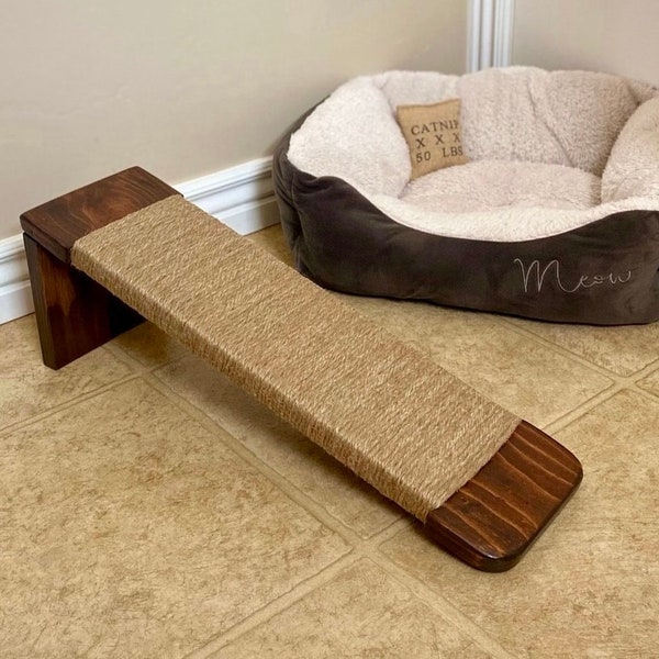 Medium English Chestnut Jute Rope Cat Scratcher, Angled Floor Cat Scratcher, Wood Cat Scratcher, Cat Scratching Post, Furniture for Cats