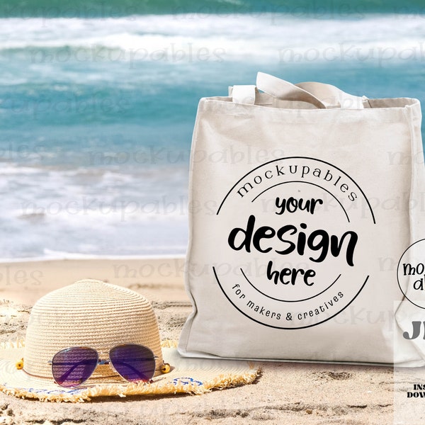 Beach Bag Mock Up | Blank Tote Bag | Canvas Bag Mock Up | Tote Bag for Mock Ups | Blank Tote Bag on the Beach | Digital Download