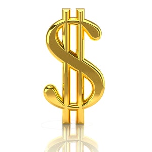 May include: A shiny gold dollar sign with a three-dimensional design.