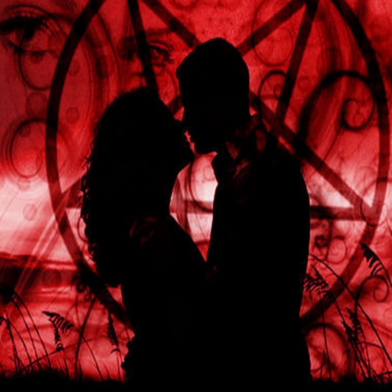 May include: Silhouettes of a couple kissing in front of a red background with a pentagram design.