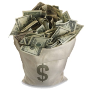 May include: A white canvas bag filled with US dollar bills. The bag has a large dollar sign printed on the front.