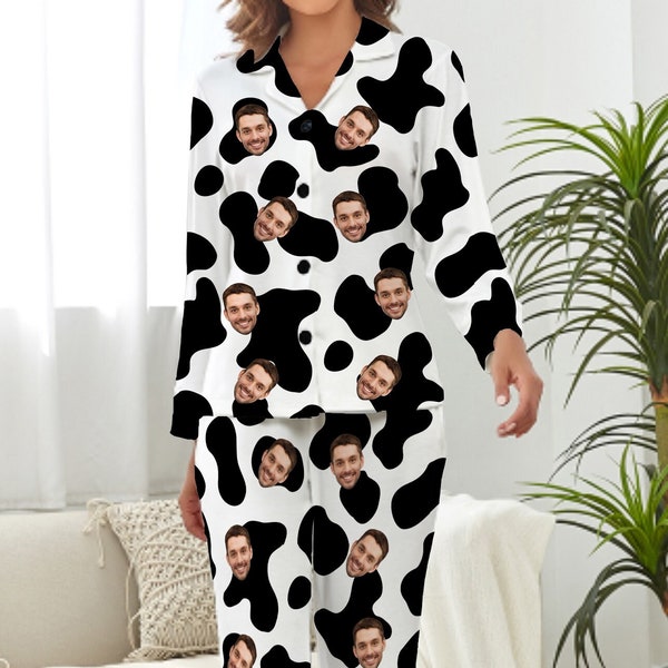 Cute Cow Pajamas for Girlfriend, Funny Family Pajamas, Custom Face Nightwear, Long Sleeved Pajamas with Long Pants, Birthday/Valentine's PJs