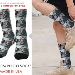 May include: A pair of white custom photo socks with a black trim. The socks feature a repeated image of a family of three. The text "Each sock can be customized with 1-5 PHOTOS FOR FREE" is at the top of the image. The text "CUSTOM PHOTO SOCKS MADE IN USA" is at the bottom of the image.