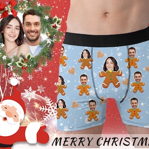 Christmas Cookie Man Pattern Design Men's Boxer Briefs Gifts, Customized Photo Face Men Underwear, Christmas Gifts for Boyfriend Husband Dad