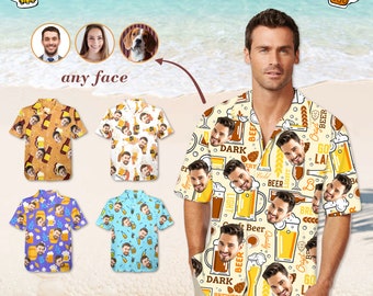 Custom Beer Hawaiian Shirt for Men Women, Personalized Party Group Hawaii Shirts with Face, Customize Mens Funny Face Shirt Beer Shirts