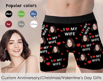 Personalized Face Boxers for Husband, Custom Photo Boxer Briefs, Add Any Text I Love Wife on Underwear, Wedding Anniversary Birthday Gifts