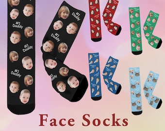 May include: A set of colorful socks with a variety of faces printed on them. The socks are all knee-high and have a variety of colors, including red, blue, green, and black. The socks are all printed with the text "#1 Daddy" on them.
