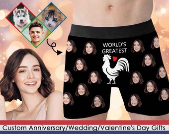 May include: Black boxer shorts with a white rooster graphic and the text "World's Greatest". The boxer shorts are covered in a repeating pattern of faces.