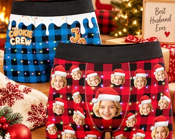 Personalized Cookie Crew Boxer Briefs, Custom Gingerbread Name Underwear, Holiday Photo Gift for Men