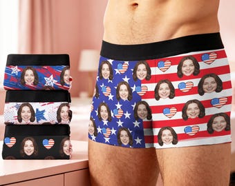 Personalized Independence Boxers Briefs with Face, Custom American Flag Underwear for Him