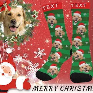 Custom Dog Faces/ Name on Socks, Cute Puppy Photo Socks, Christmas Socks with Santa Hats, Personalized Christmas Gifts for Pet Lovers