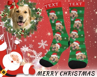 Custom Dog Faces/ Name on Socks, Cute Puppy Photo Socks, Christmas Socks with Santa Hats, Personalized Christmas Gifts for Pet Lovers