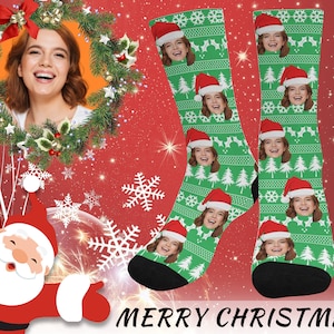 Custom Socks with Face, Christmas Gifts for Lover/ Family/ Friend, Print Christmas Hat on Socks, Personalize Photo Sock for Men and Women