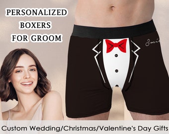 Personalized Boxers for Groom Wedding Day, Custom Text Boxer Briefs,  Bow Tie Tuxedo Boxers, Honeymoon Gifts for Husband, Property of Boxers