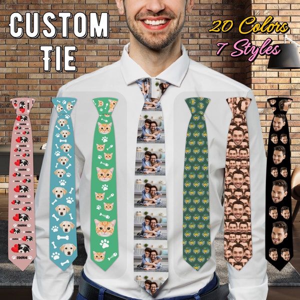Custom Mens Neck Tie, Personalized Funny Photo Gifts for Men Dad Him, Birthday Fathers Day Ties, Logo Tie, Cat/Dog/Pet Tie, Party Tie