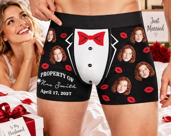 Personalized Photo Groom Boxer Briefs, Custom Men's Underwear, Wedding Anniversary Gift for Him