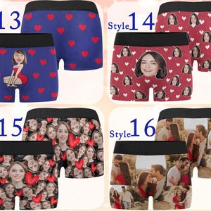 May include: Four different styles of underwear with various patterns. The first style features a blue background with red hearts and a cartoon woman. The second style features a red background with white hearts and a woman's face. The third style features a red background with hearts and faces. The fourth style features a photo collage of people.
